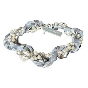 Faux Pearl Clear & Gunmetal Crystal Bead Cluster Necklace w/Gray & White Fabric